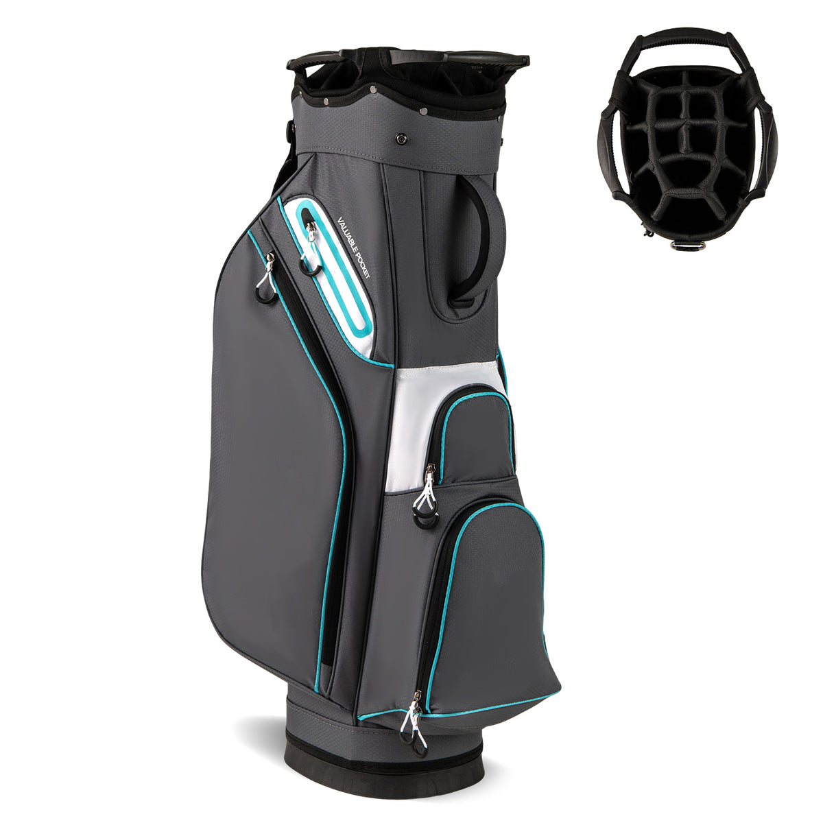 Lightweight Golf Cart Bag with 14-way divider top and cooler pocket in grey