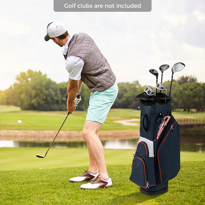 Man playing golf with the navy golf cart bag standing nearby on the course