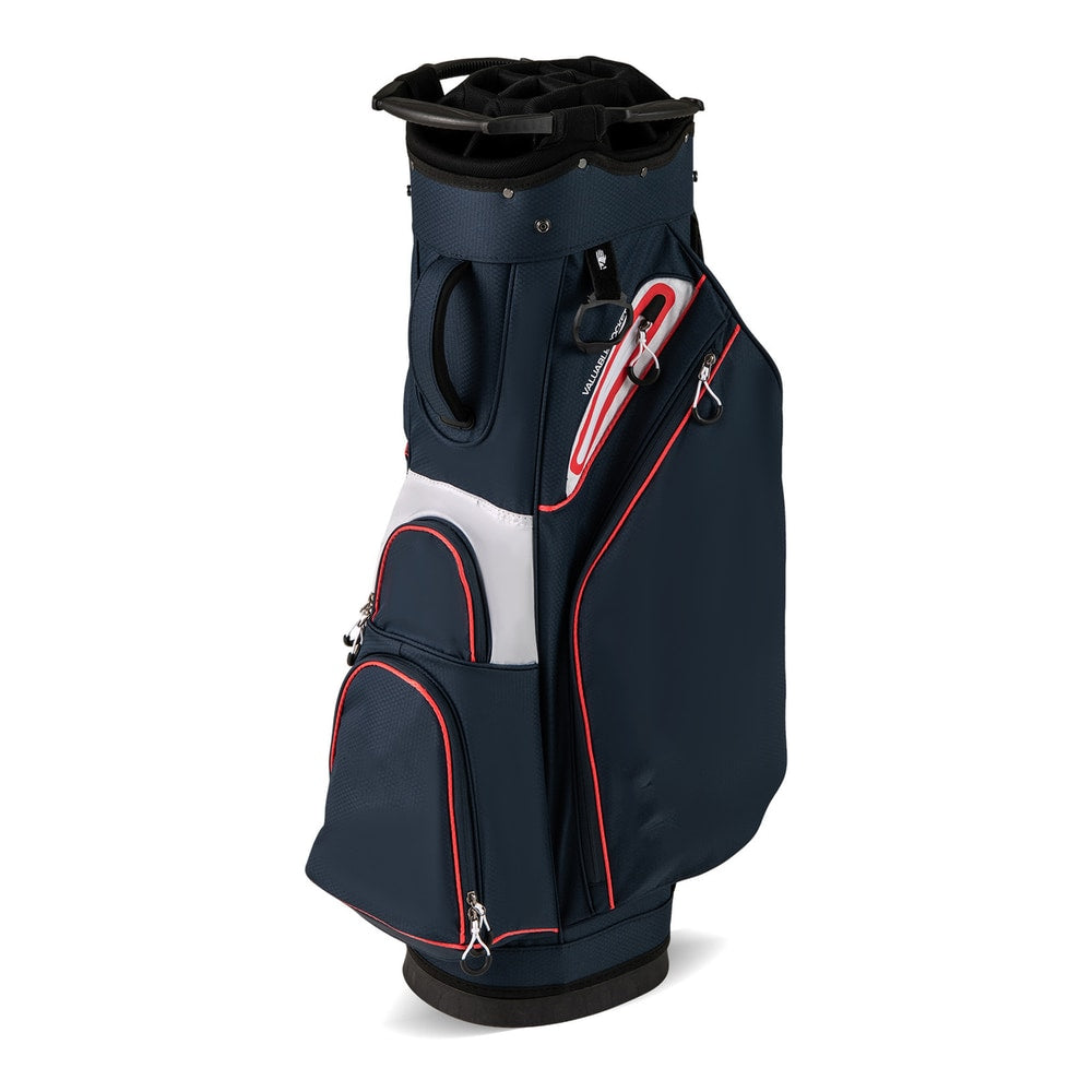 Side view of the navy golf cart bag with pockets and trim