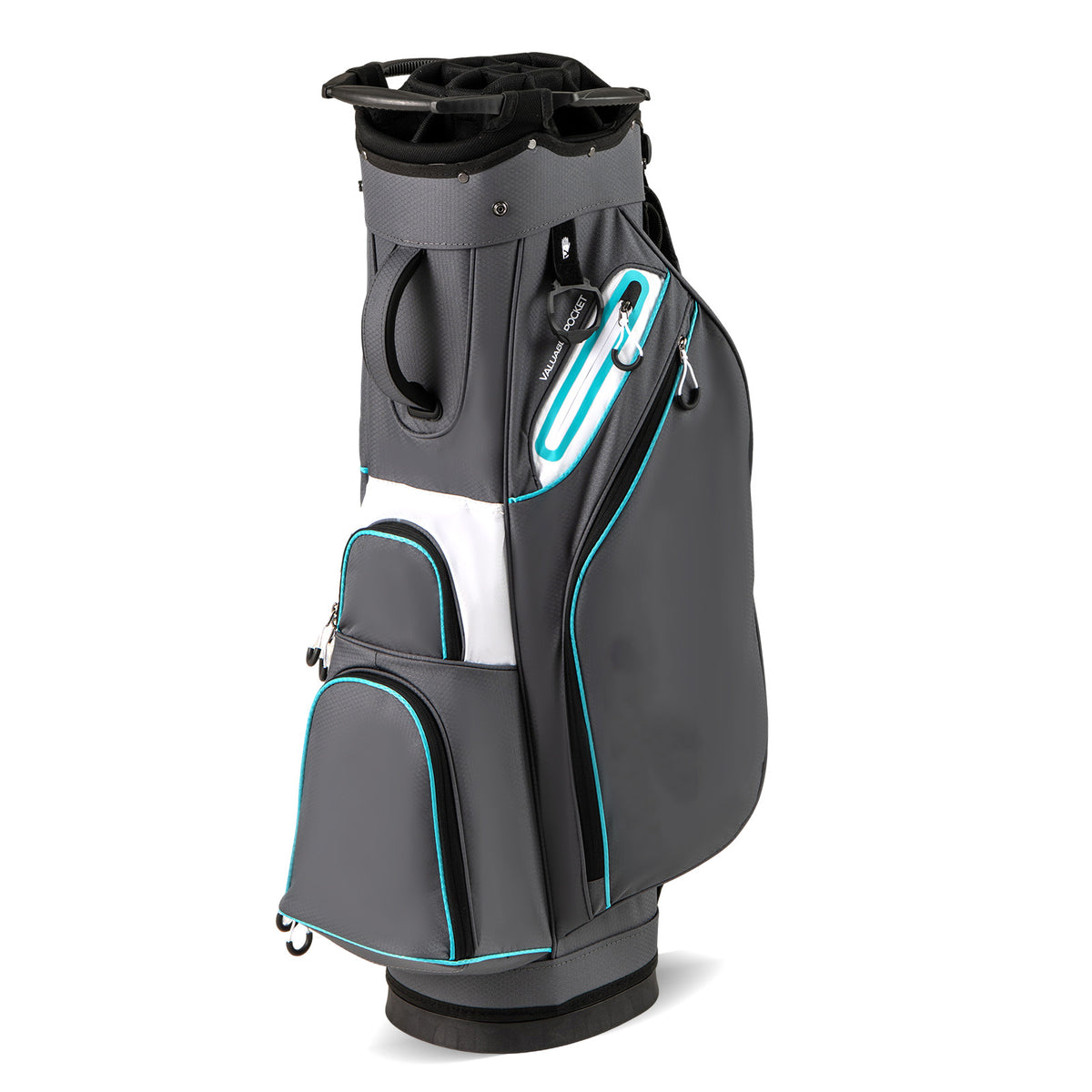 Close-up of the grey golf cart bag's top section with dividers