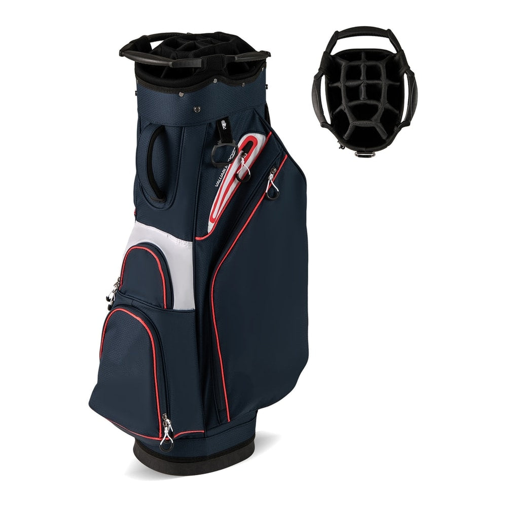 Top view of the navy golf cart bag showing the 14-way divider top
