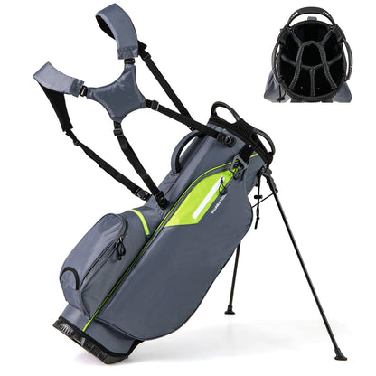 Lightweight Golf Stand Bag with 8 Way Top Dividers in grey with lime green accents, shown from the front with legs extended
