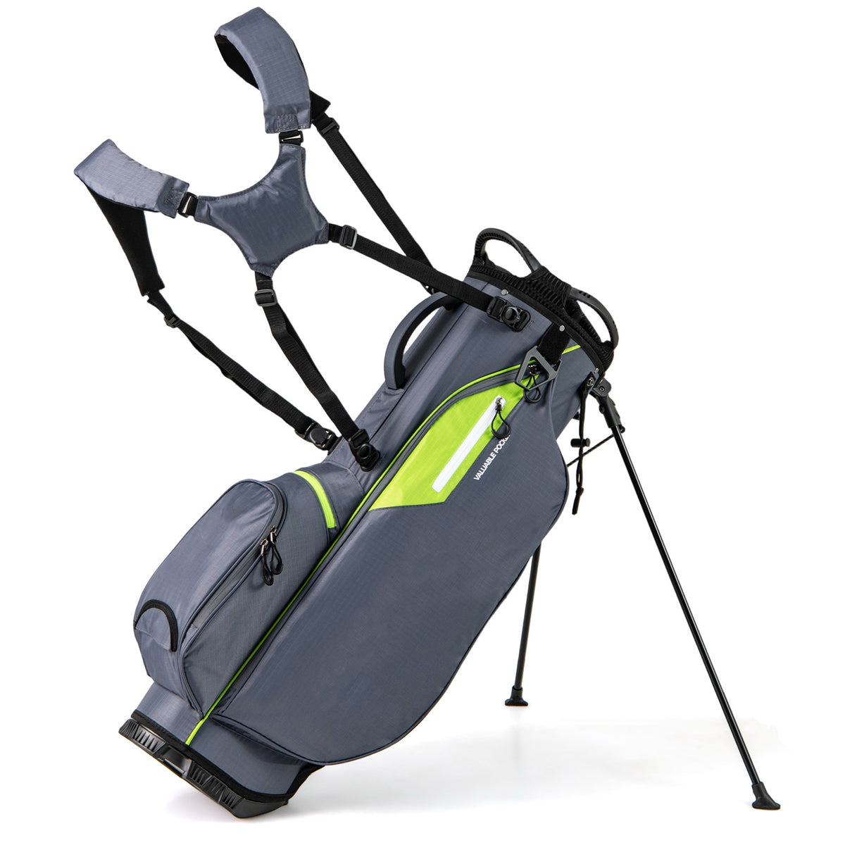 The grey and lime green golf stand bag with its legs extended, viewed from the side