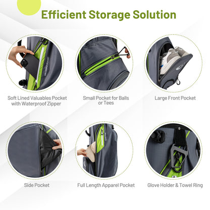 Collage of different storage pockets on the golf stand bag, including a valuables pocket and apparel pocket