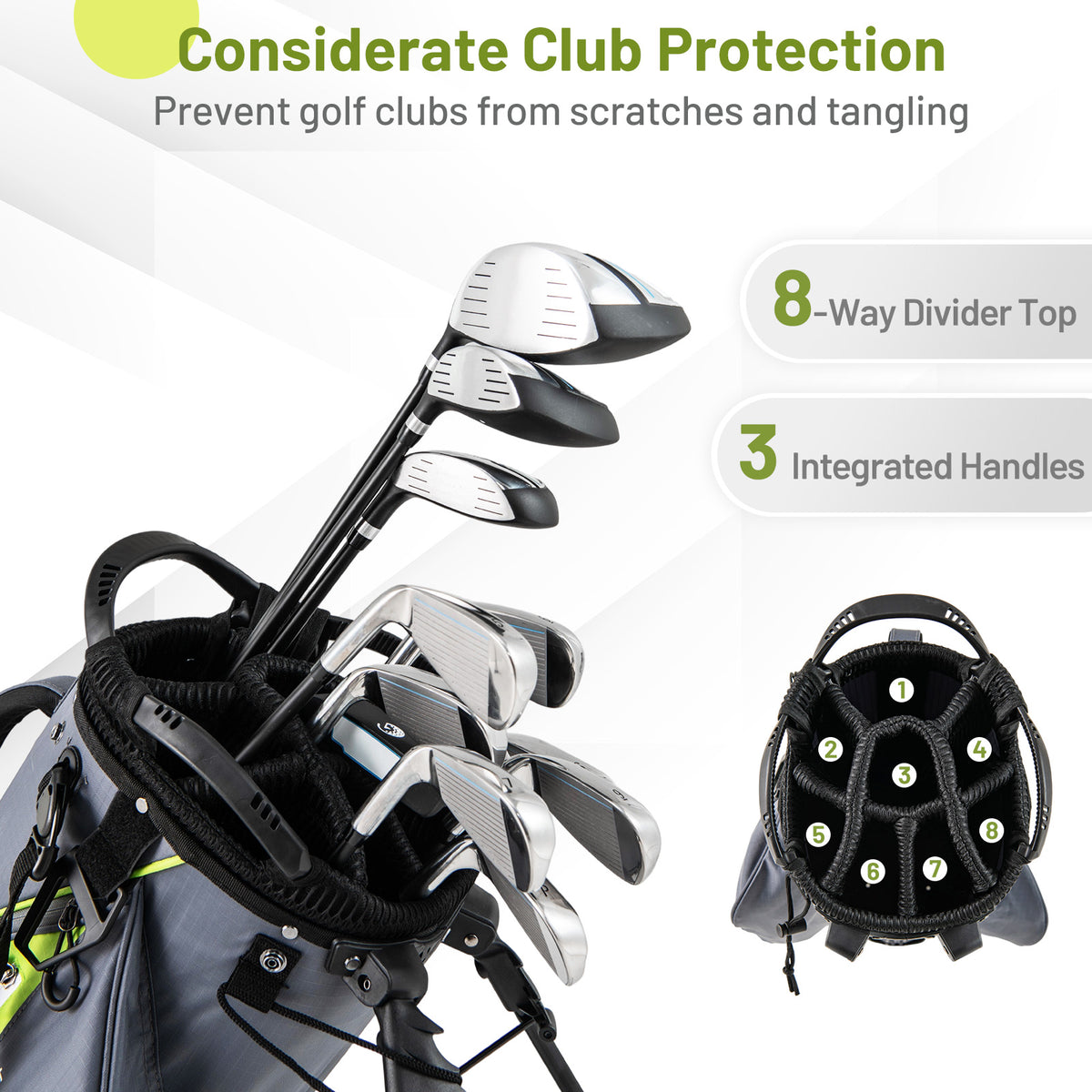 Close up of the golf stand bag top dividers and integrated handles, showing club protection