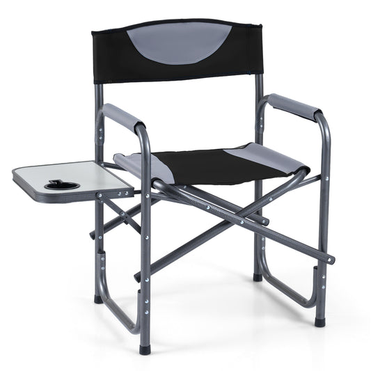 Lightweight Portable Directors Chair with a side table and cup holder in black and grey
