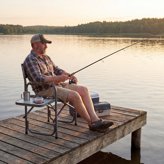 The portable directors chair with side table is set up on a wooden jetty next to a lake