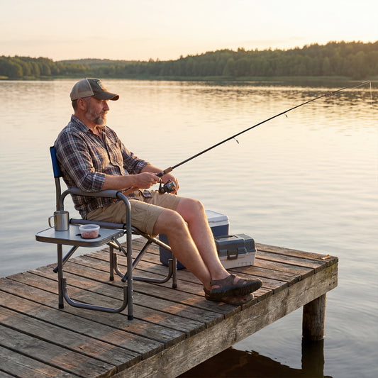 A blue portable directors chair with a side table and cup holder set up on a wooden pier