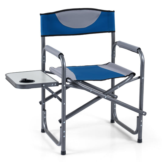 Lightweight Portable Directors Chair in blue with a side table and cup holder on a white background