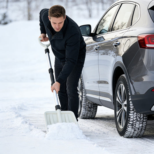 A man uses the white transfer shovel to clear snow from beside a car