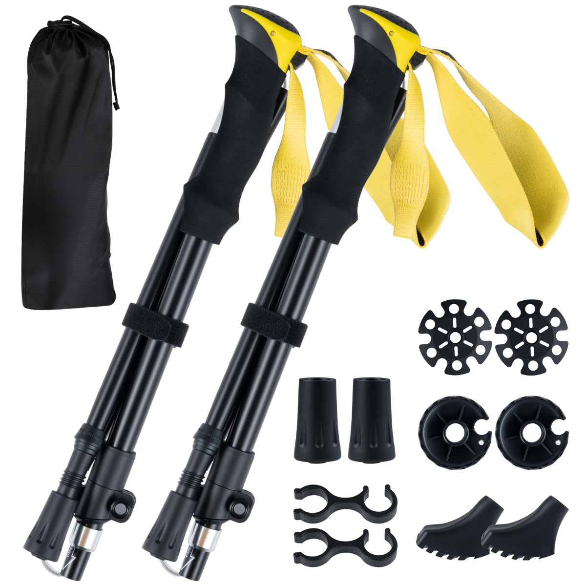 Lightweight Tri-fold Walking Sticks with flip lock and EVA foam handle in yellow, shown with accessories and carry bag
