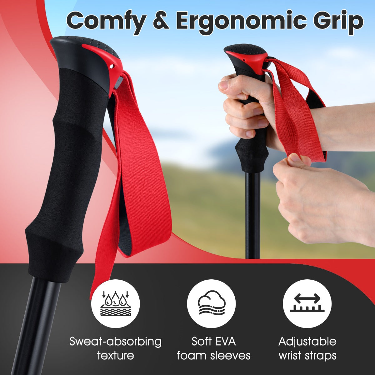 Close up of the red walking stick handles showing the EVA foam and wrist straps