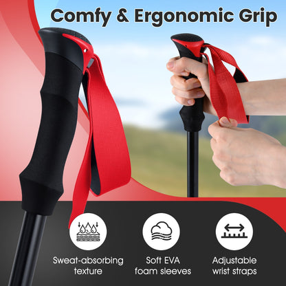 Close up of the red walking stick handles showing the EVA foam and wrist straps