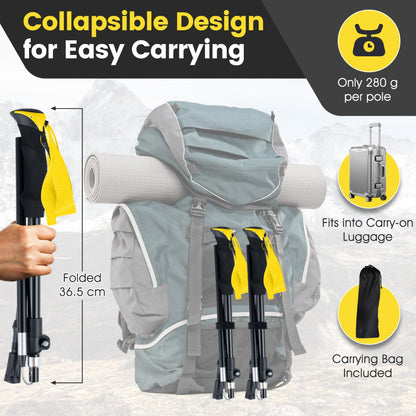 The yellow walking sticks are shown folded and in a carry bag, fitting into luggage