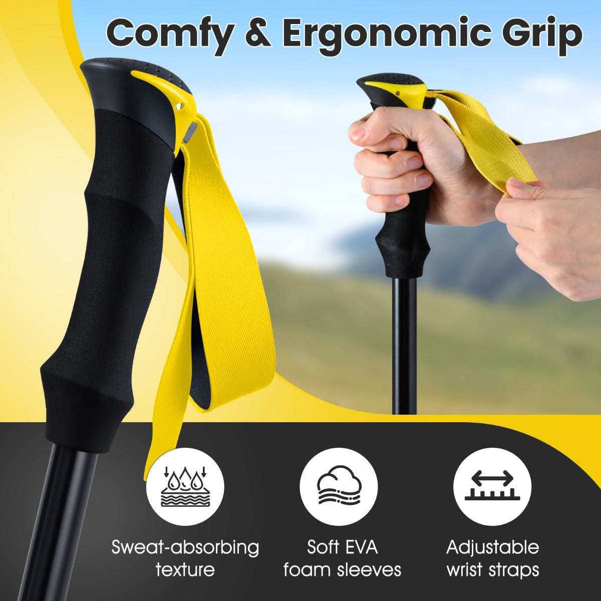 Close up of the yellow walking sticks showing the comfortable grip and wrist straps