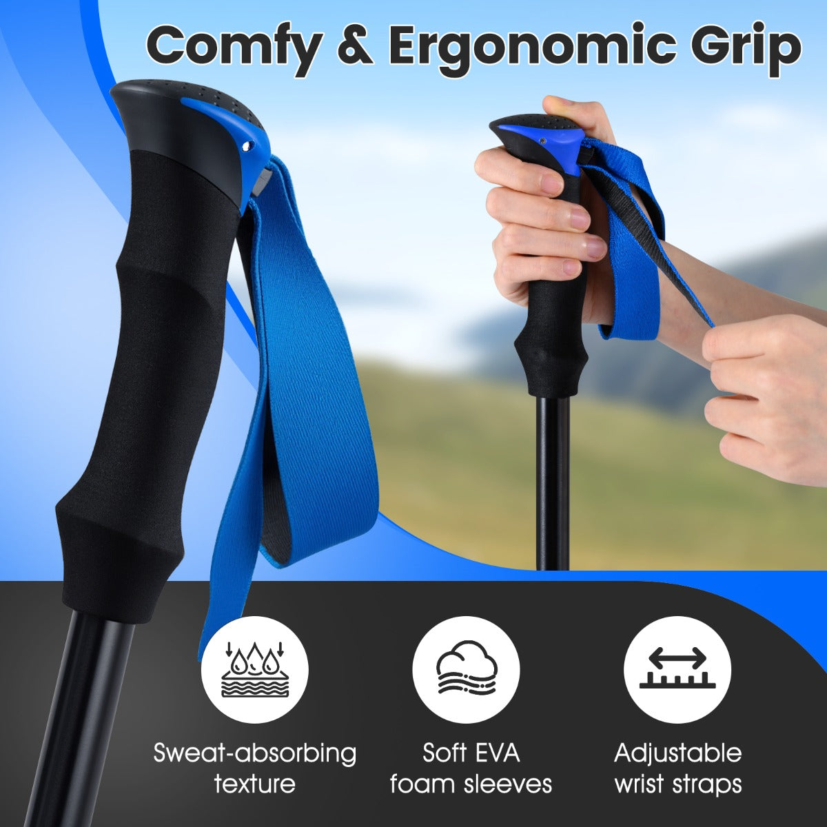Close up of the camping sticks showing the EVA foam handle and wrist straps