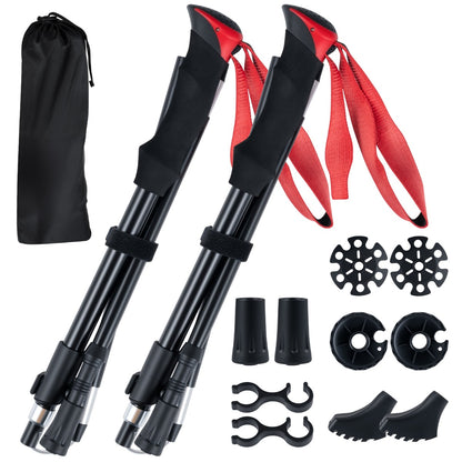 Lightweight Tri-fold Walking Sticks with flip lock and EVA foam handle in red, with accessories and bag