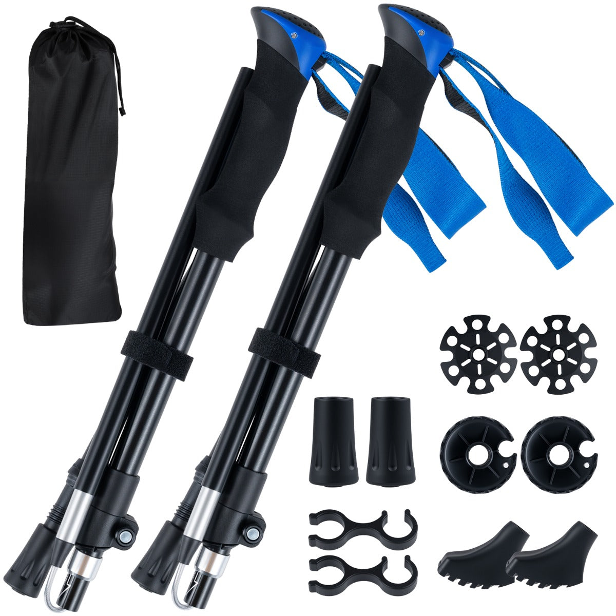 Lightweight Tri-fold Walking Sticks with Flip Lock and EVA Foam Handle-Blue, showing the sticks and accessories