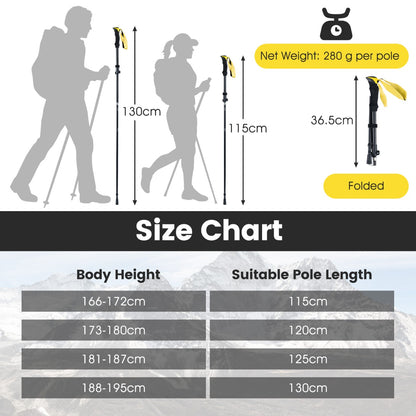 Size chart for the yellow walking sticks showing body height and suitable pole length