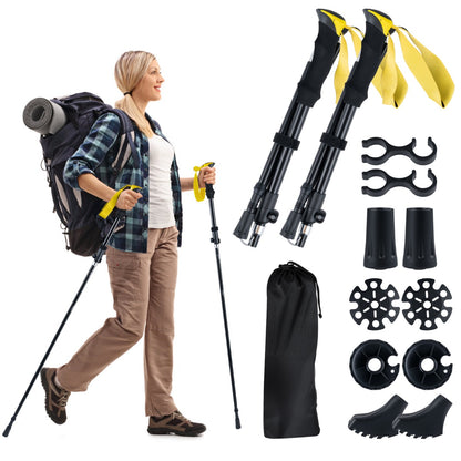 The yellow tri-fold walking sticks and accessories are shown with a woman walking