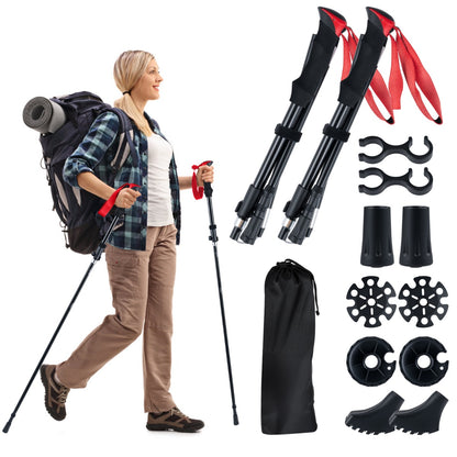 Woman walking with a backpack and using the walking sticks, with accessories and bag shown