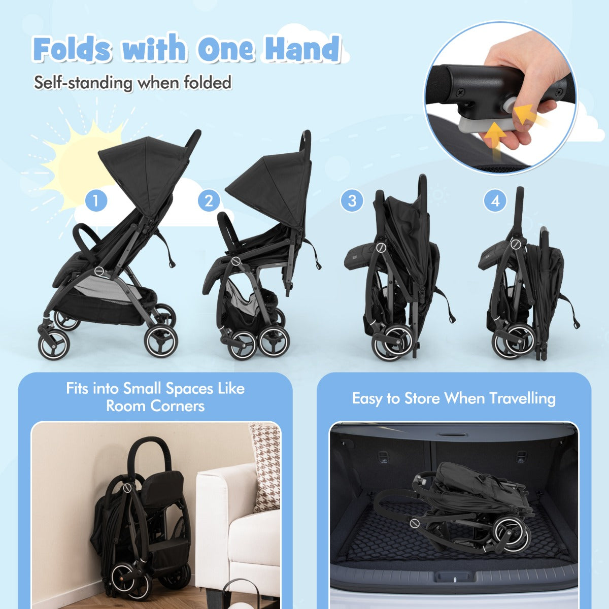 Lightweight Foldable Baby Stroller with Adjustable Backrest and Canopy-Black