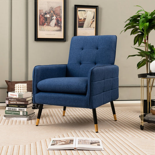 Blue linen fabric accent chair single sofa in a living room setting with books and plants