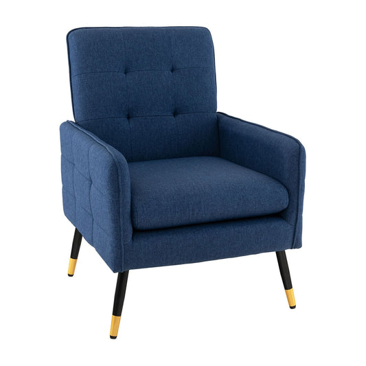 Linen Fabric Accent Chair Single Sofa in blue with tufted back and gold tipped legs