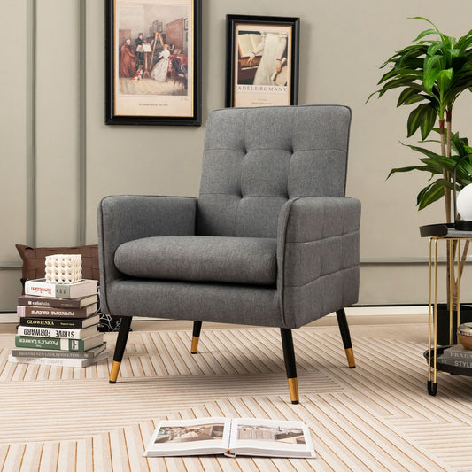 Grey linen fabric accent chair single sofa in a stylish living room setting
