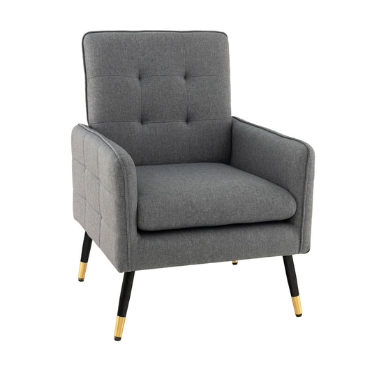 Linen Fabric Accent Chair Single Sofa in grey fabric with black and gold legs