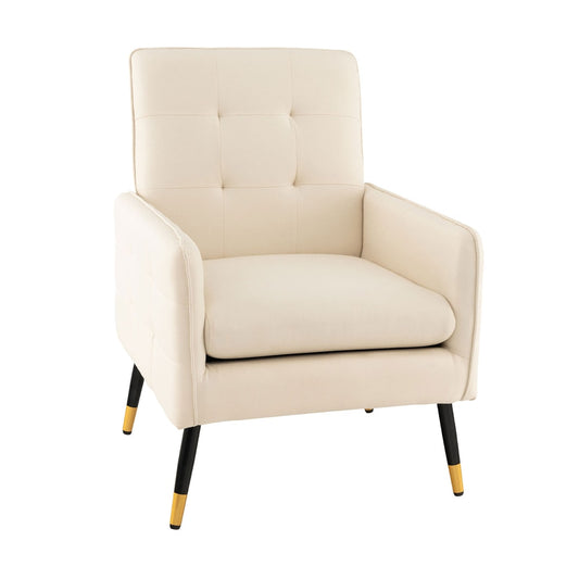 Linen Fabric Accent Chair Single Sofa in beige with tufted back and black and gold legs