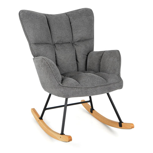 Linen Nursery Rocking Chair in grey fabric with black metal legs and wooden rocking base
