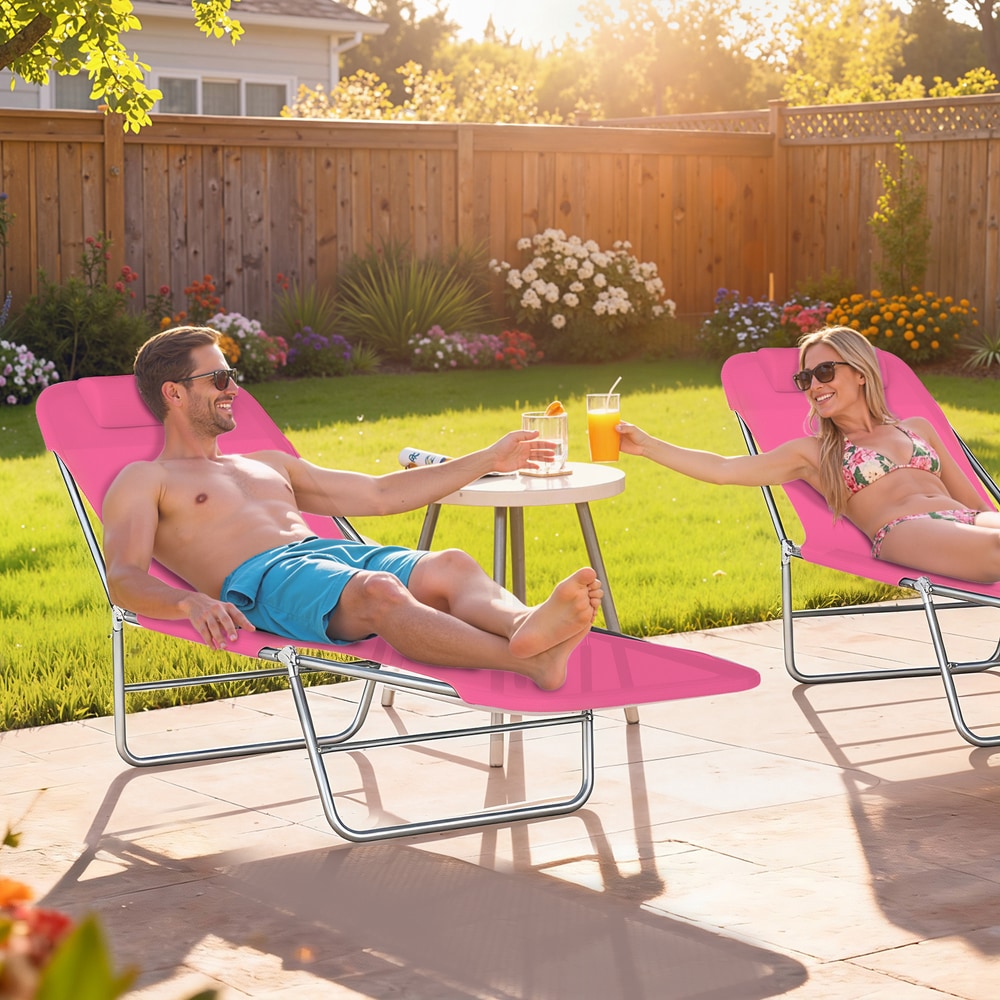 Outsunny Folding Sun Lounger with Head Pillow in Pink