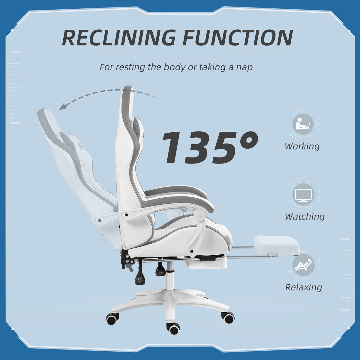 Vinsetto Computer Gaming Chair, PU Leather Desk Chair with Footrest, Swivel Task Chair with 135  Reclining Back and Lumbar Support, PC Chair for Adults, White and Grey