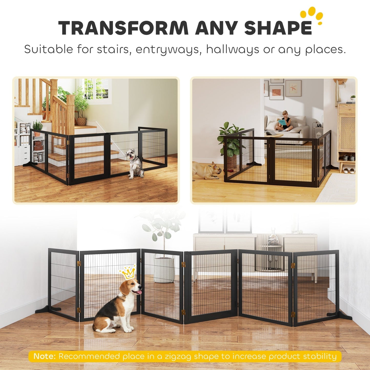 PawHut Wooden Pet Gate, Freestanding Dog Security Barrier with Two Support Feet - Black