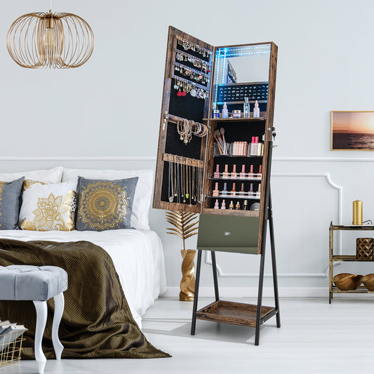 Jewelry cabinet armoire with full-length mirror in a bedroom setting