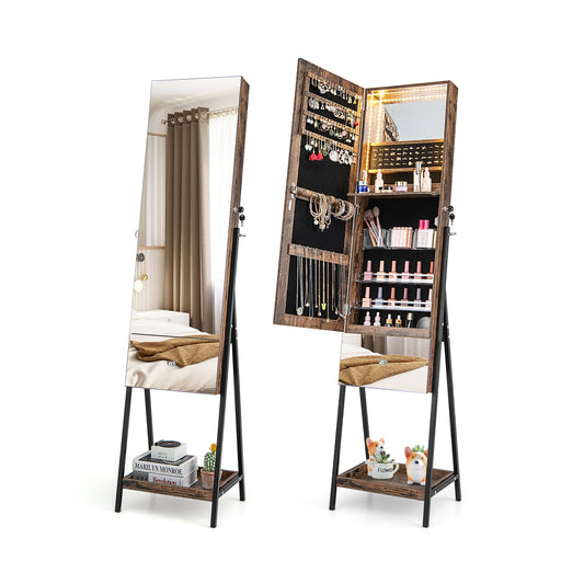 Lockable Freestanding Jewelry Cabinet Armoire with Full-Length Frameless Mirror in rustic brown wood finish
