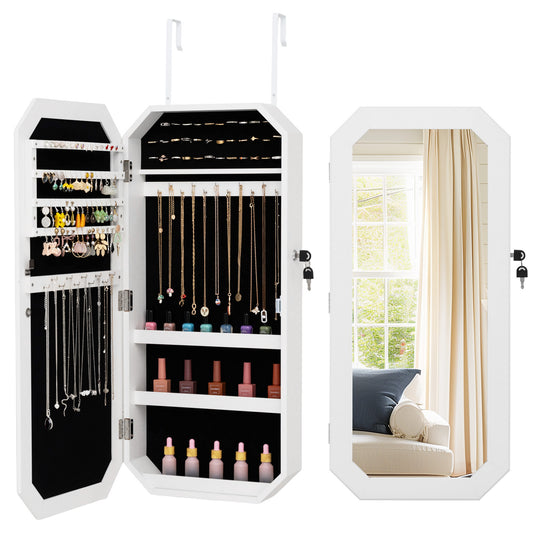 Lockable Full-Length Mirror Jewelry Cabinet open showing organised jewellery and shelves