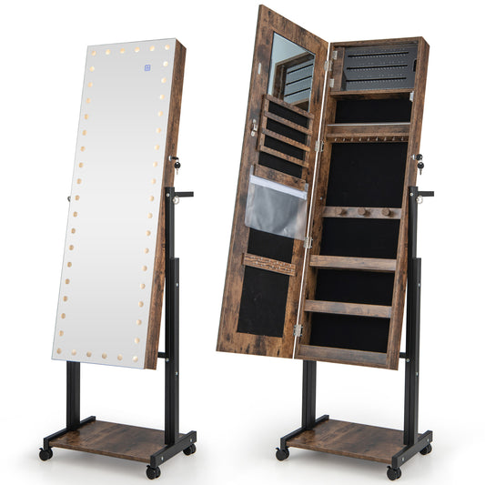 Lockable Jewelry Armoire Organizer with full-length mirror and LED lights, shown closed and open