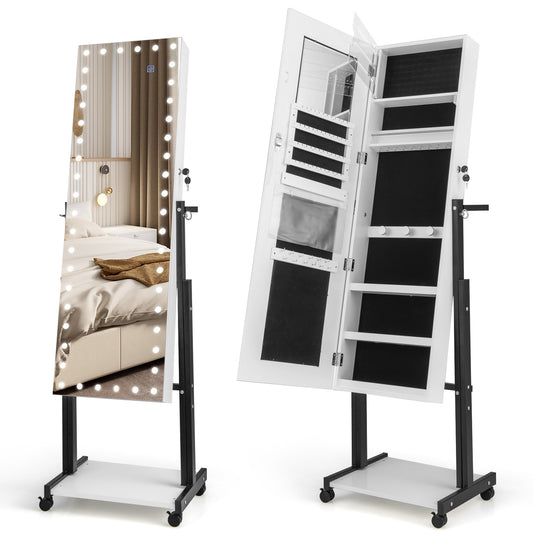 Lockable Jewelry Armoire Organizer shown closed with lights on and open revealing storage