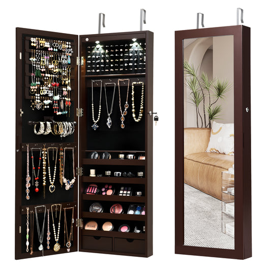 Lockable Jewelry Cabinet shown open with internal storage and closed with a full length mirror