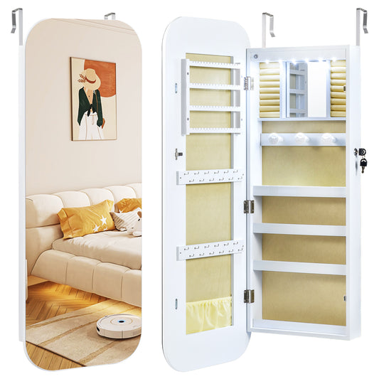 Lockable Jewelry Cabinet with Full-Length Mirror and Storage Shelves, white, open to show interior storage and mirror