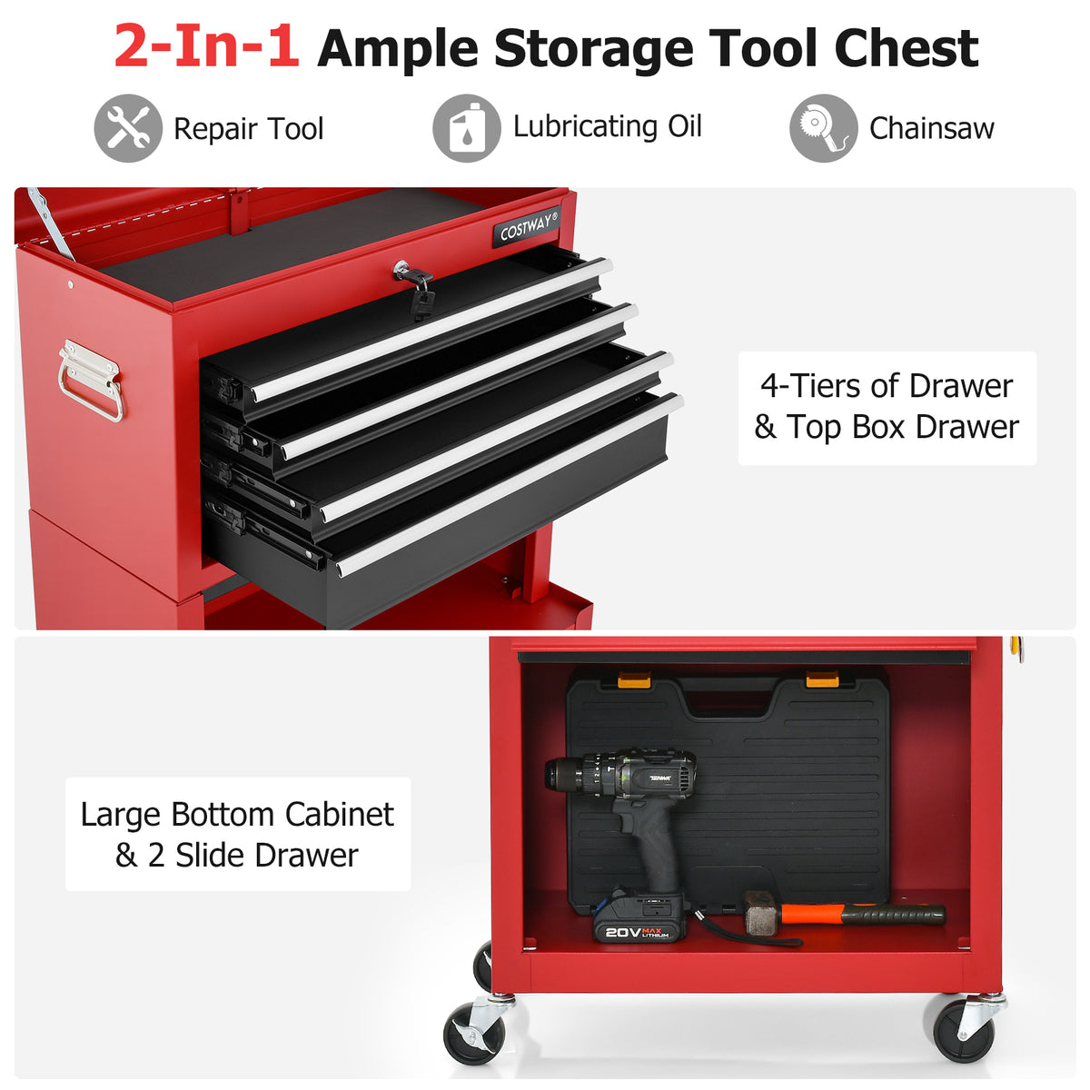 Close up of the tool storage cabinet drawers and bottom cabinet