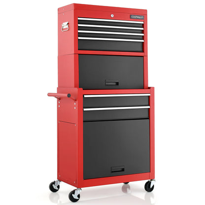 Red and black tool storage cabinet with handle and wheels, closed drawers