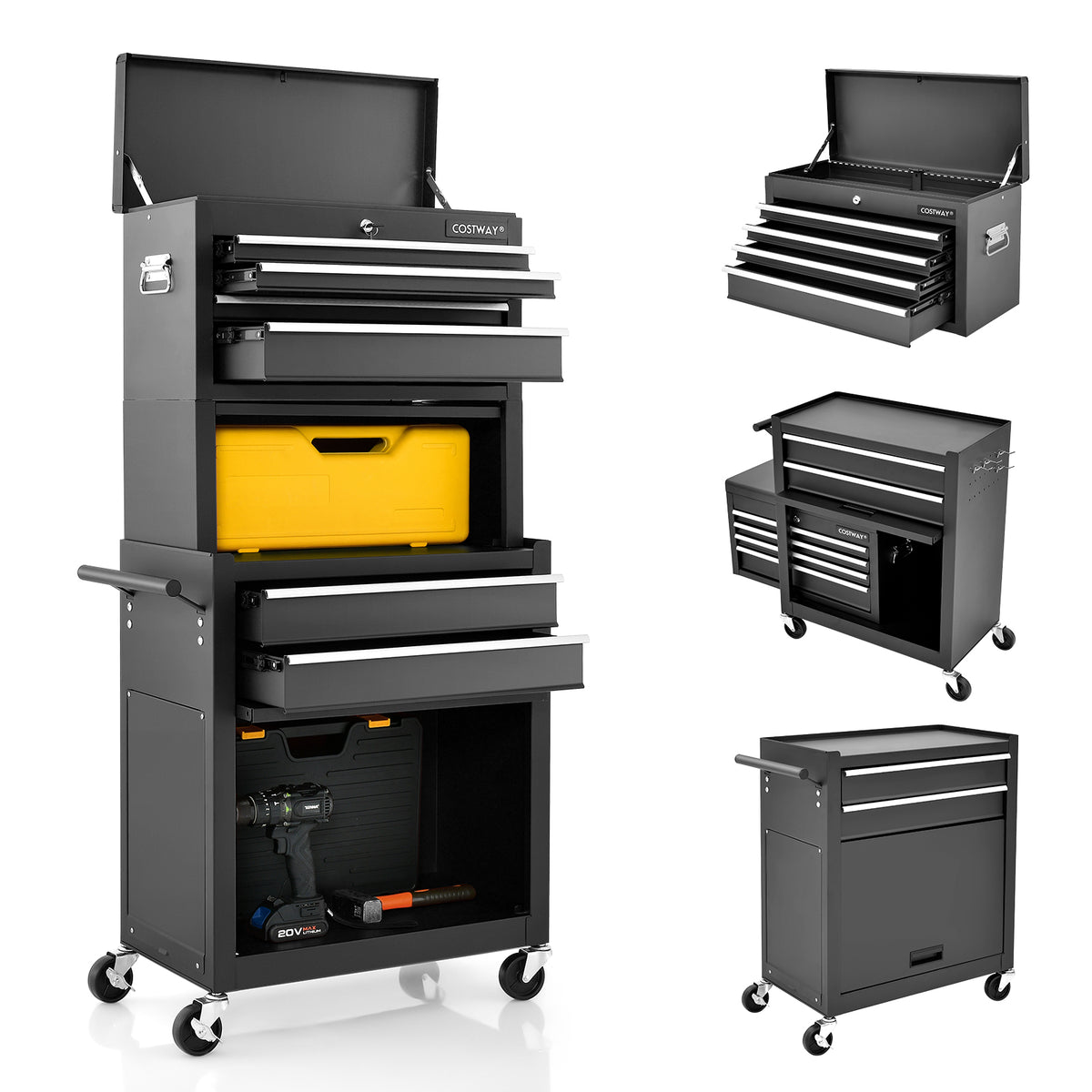 Close up of the black tool storage cabinet drawers and bottom cabinet