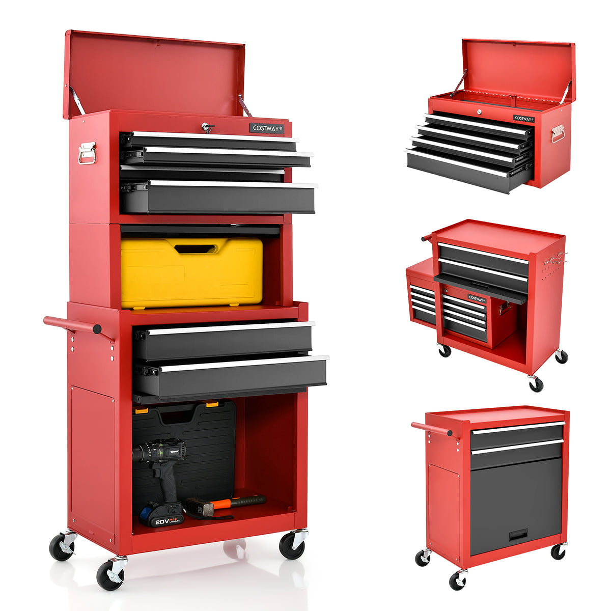 Red and black tool storage cabinet with drawers open and a yellow box inside