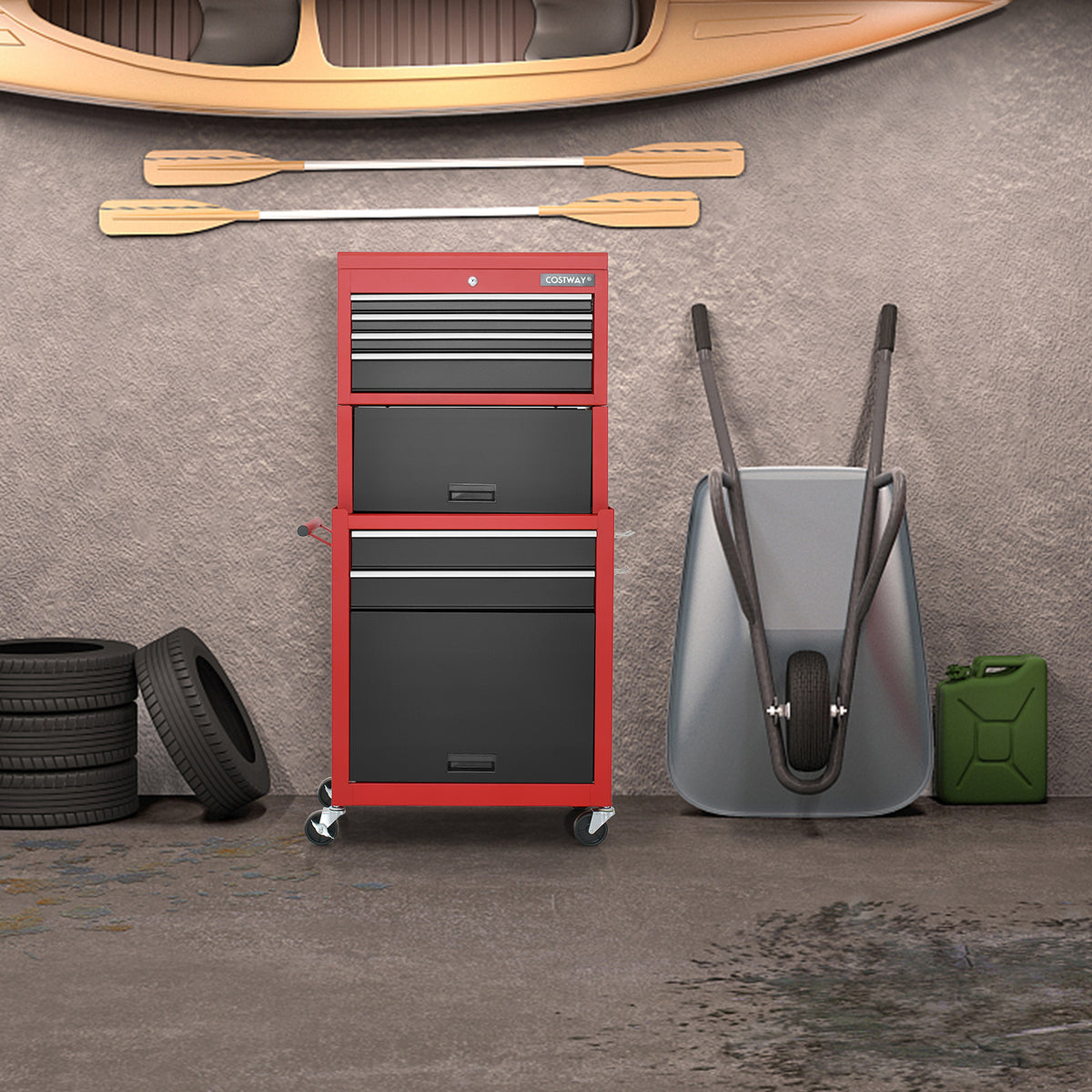 Red and black tool storage cabinet in a domestic garage setting