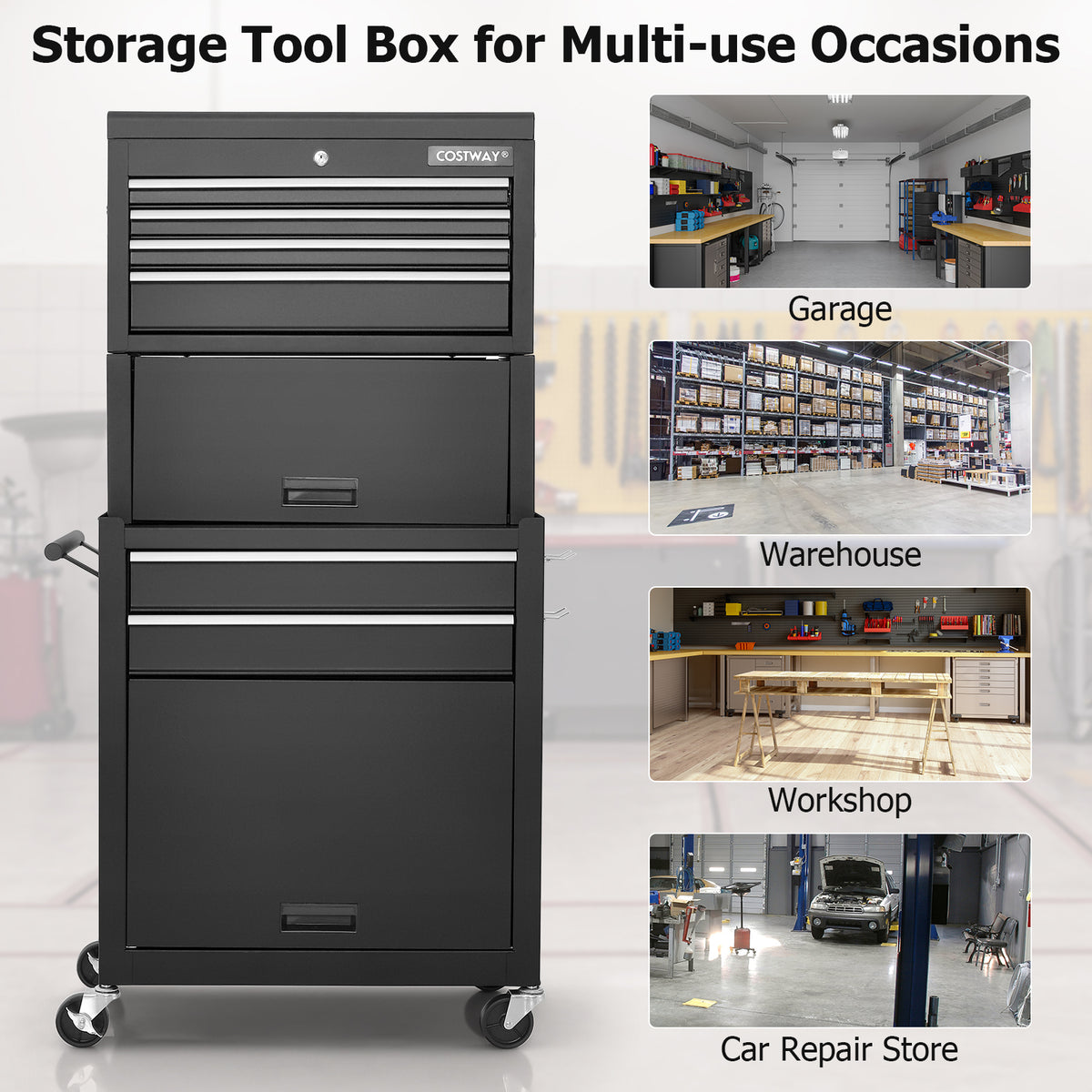 Collage showing the black tool storage cabinet in different settings like garage and workshop