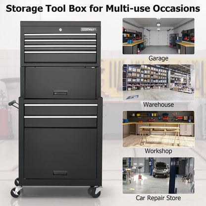 Collage showing the black tool storage cabinet in different settings like garage and workshop