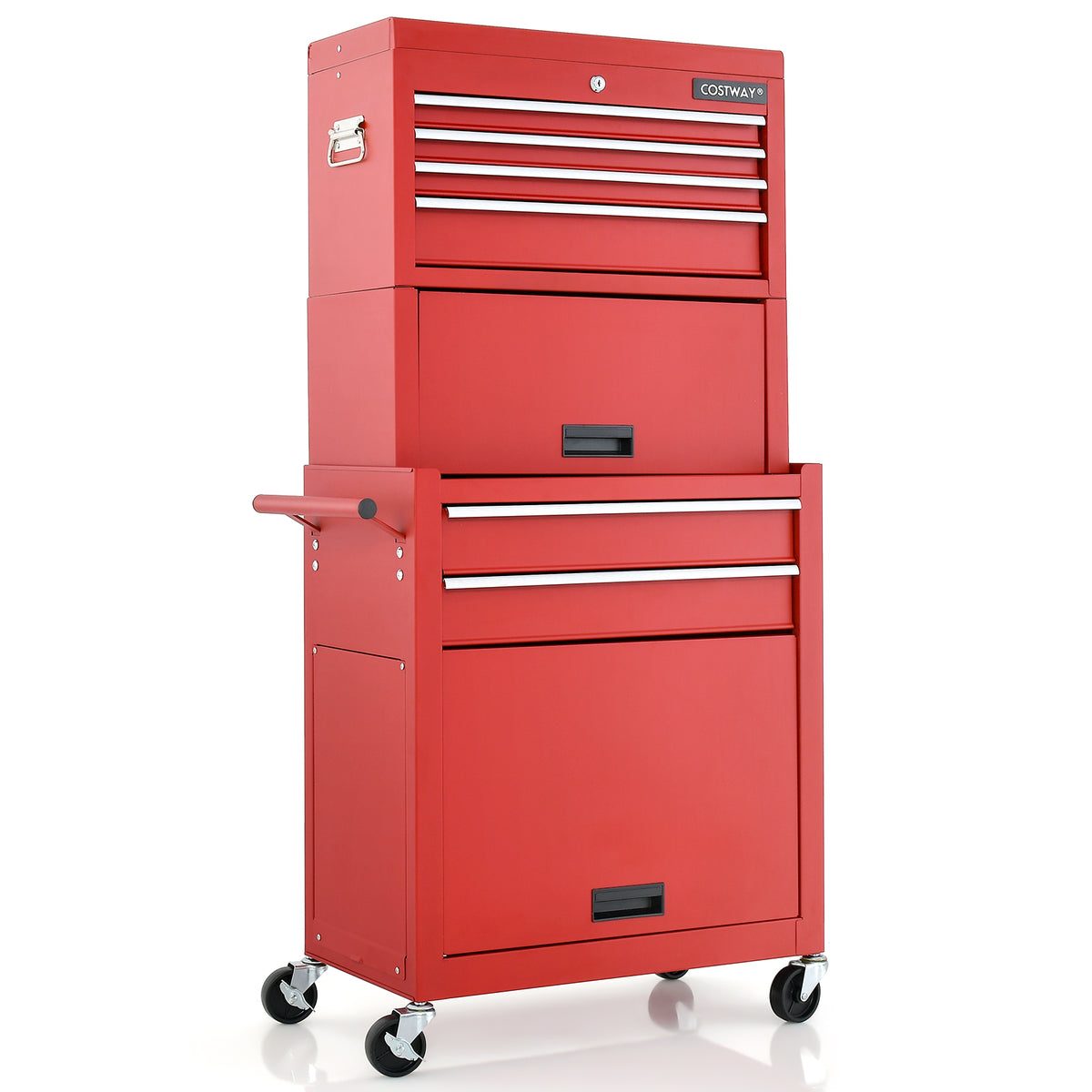 Lockable Tool Storage Cabinet with Handle, red and black, with multiple drawers and wheels